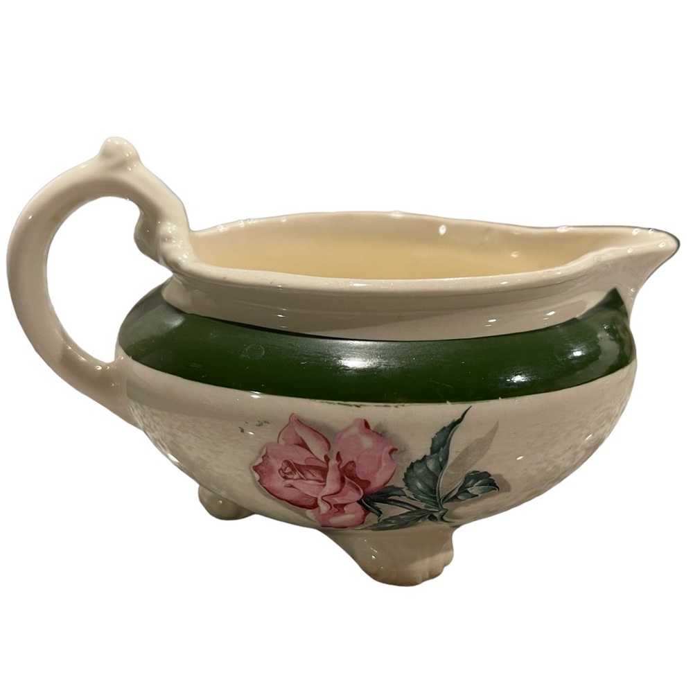 Vintage Unique Homer Laughlin Nautilus footed rose green stripe creamer L51N8.